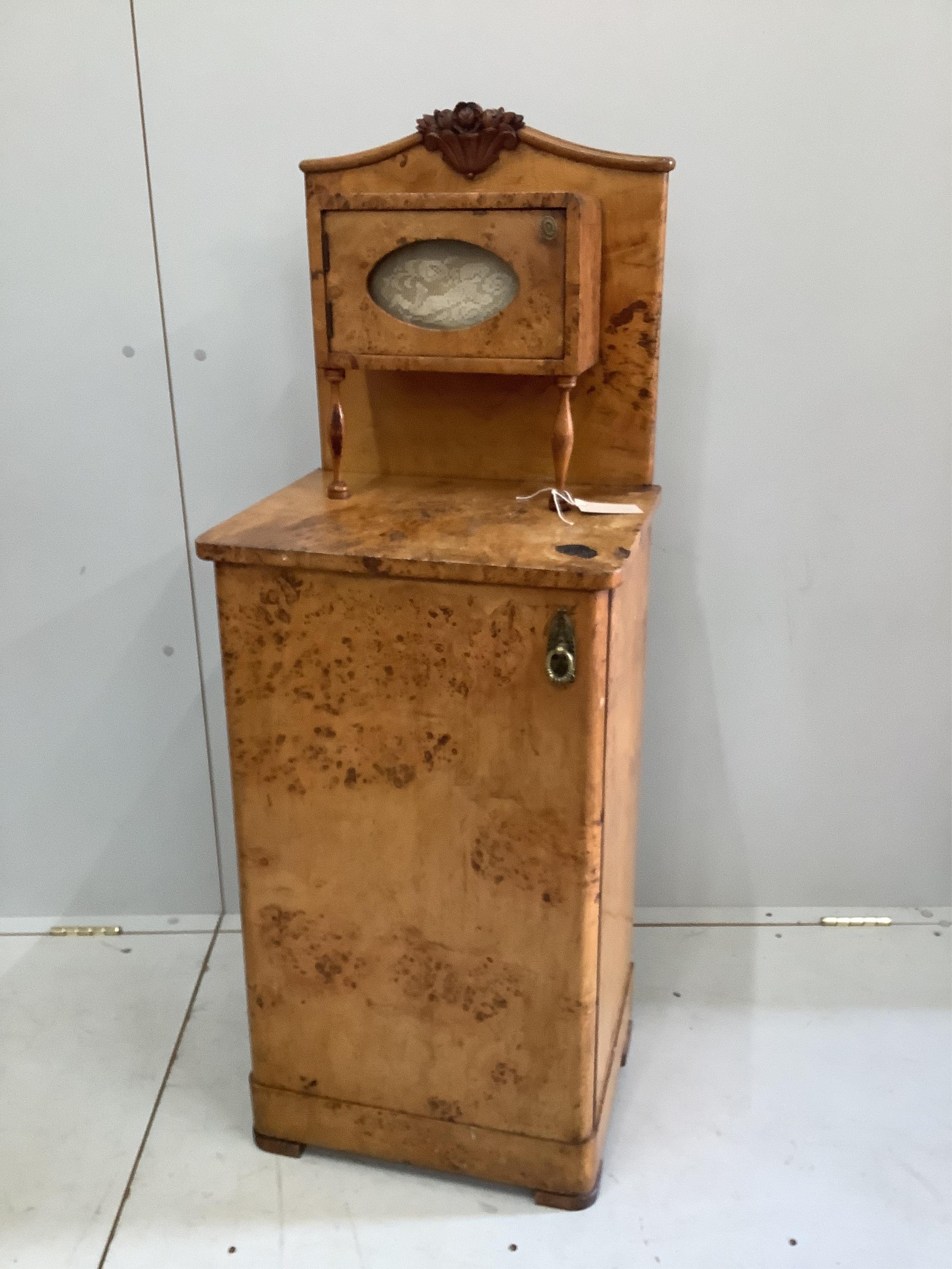 A 19th century French bird's eye maple bedside cabinet, width 43cm, depth 35cm, height 118cm. Condition - poor
